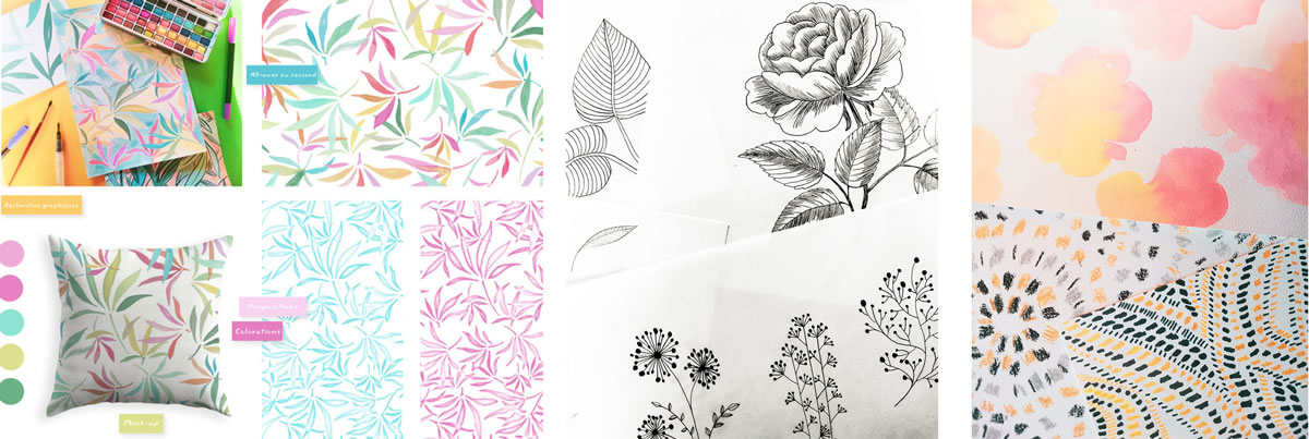 Gaëlle, designer textile et surface, crée des motifs uniques pour le linge de maison, la mode et la décoration au sein de son studio La Boîte à Motifs.